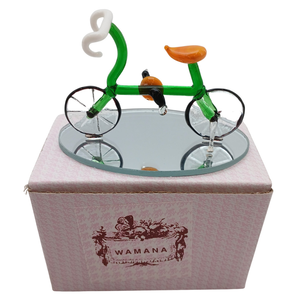 WAMANA Hand Blown Glass Bicycle Ornament/Figurine w/ Box & Mirror Base